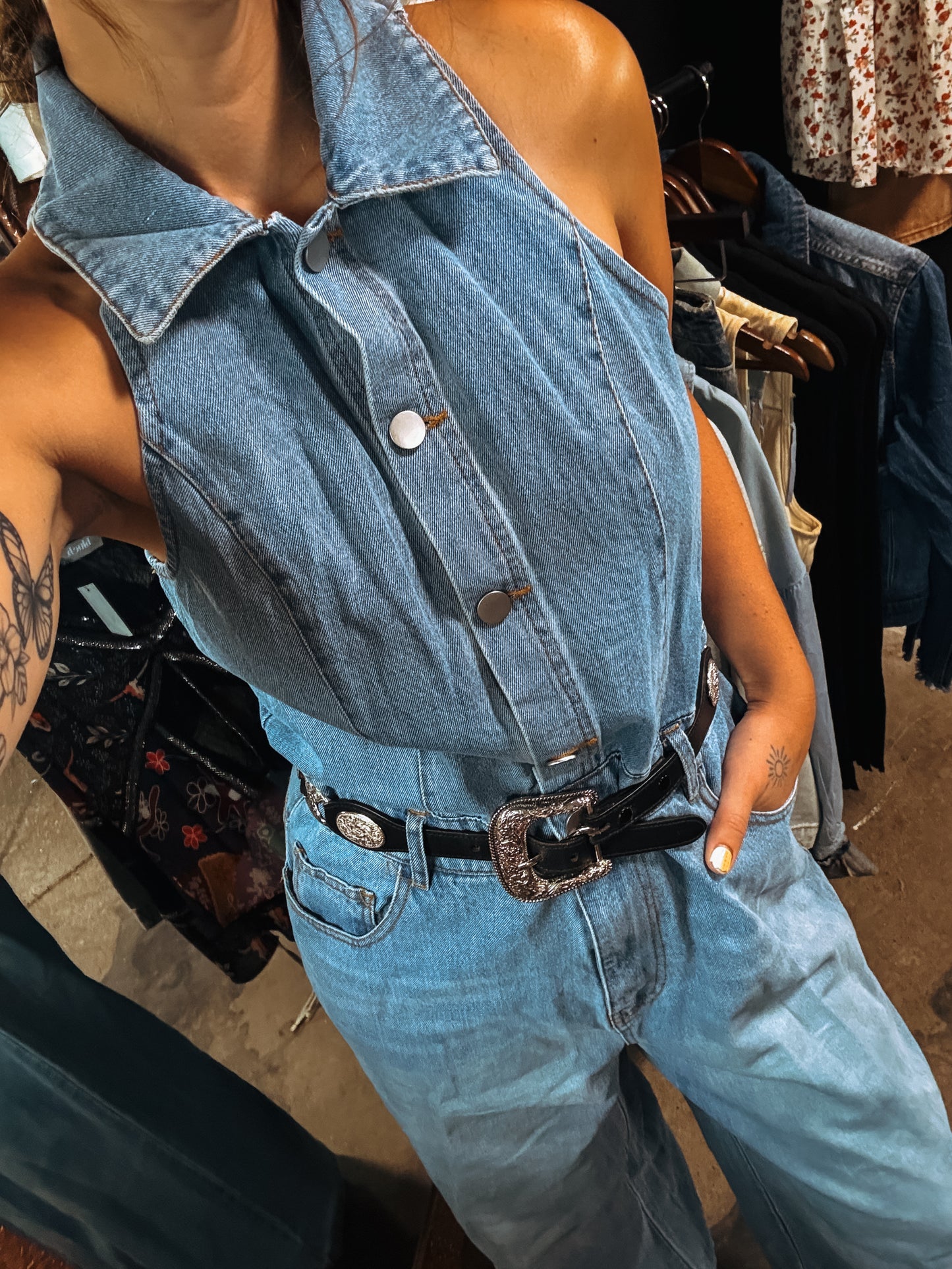 Collared Wide Leg Denim Jumpsuit