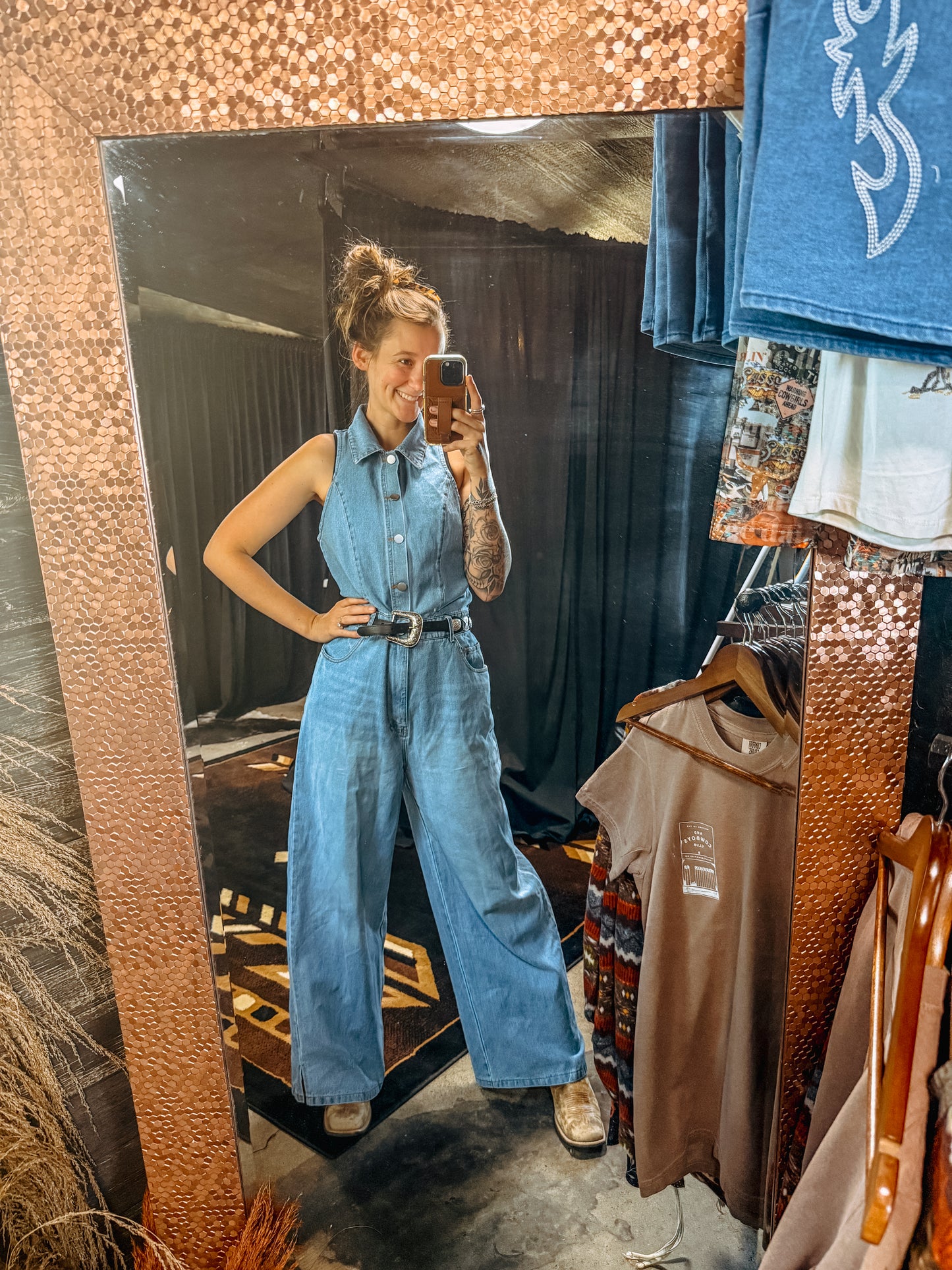 Collared Wide Leg Denim Jumpsuit